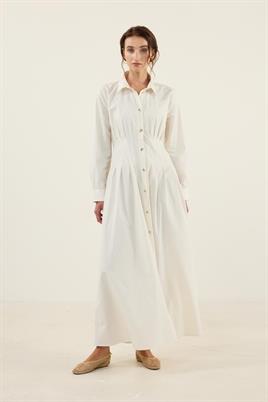 Kavisli Gold Düğmeli Elbise Ekru