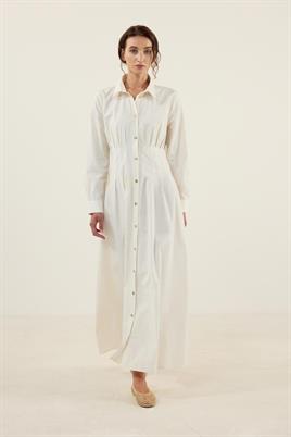 Kavisli Gold Düğmeli Elbise Ekru