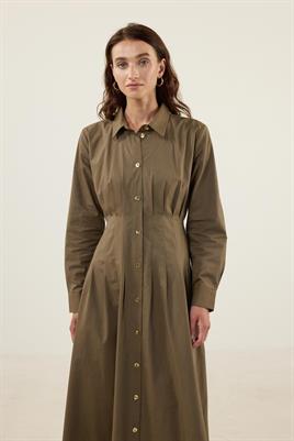 Kavisli Gold Düğmeli Elbise Haki