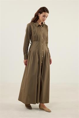 Kavisli Gold Düğmeli Elbise Haki