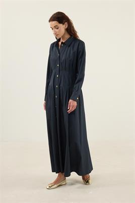 Kavisli Gold Düğmeli Elbise Lacivert