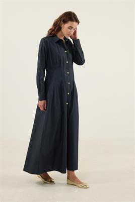 Kavisli Gold Düğmeli Elbise Lacivert