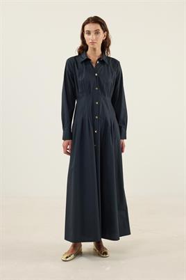 Kavisli Gold Düğmeli Elbise Lacivert