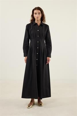 Kavisli Gold Düğmeli Elbise Siyah