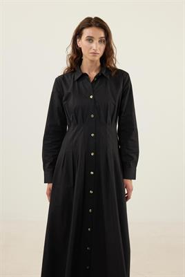 Kavisli Gold Düğmeli Elbise Siyah