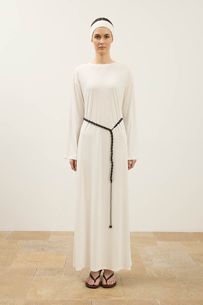 Kayık Yaka Modal Örme Elbise Beyaz
