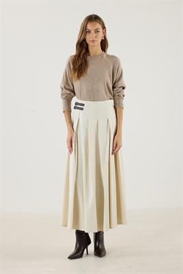 Kemer Aksesuarlı Pileli Etek Krem