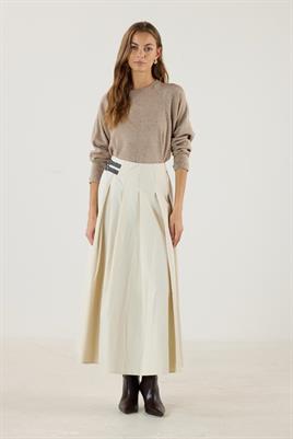 Kemer Aksesuarlı Pileli Etek Krem
