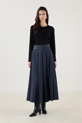 Kemer Aksesuarlı Pileli Etek Lacivert