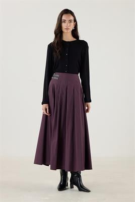 Kemer Aksesuarlı Pileli Etek Mürdüm