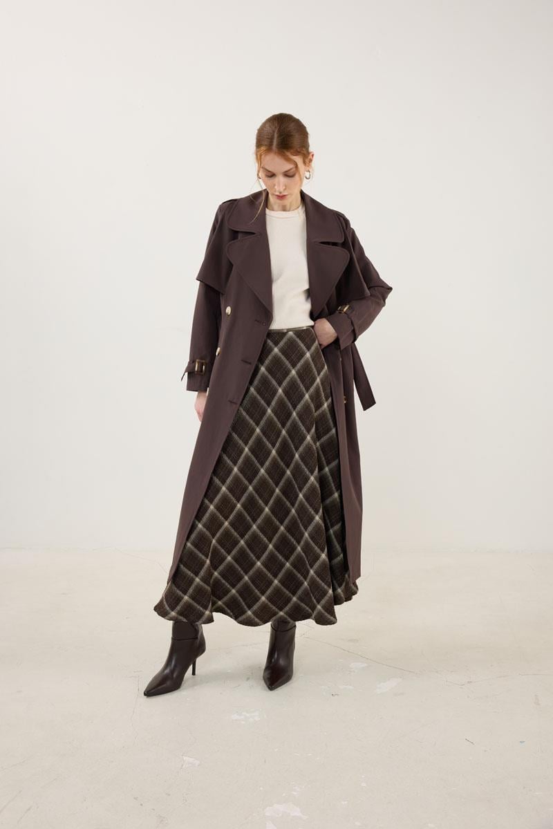 Kemer Tokalı Klasik Uzun Trençkot Acı kahve