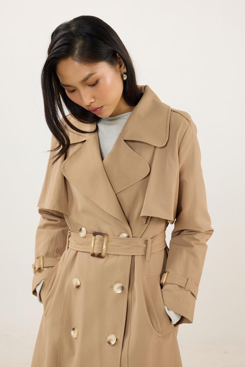 Kemer Tokalı Klasik Uzun Trençkot Camel