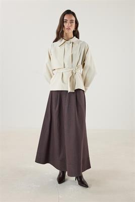 Kemerli Cepli Kısa Trençkot Krem