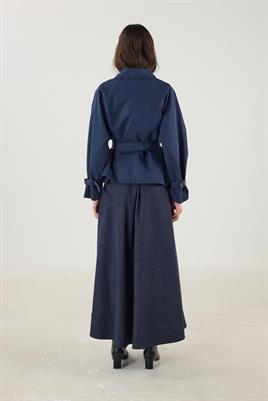 Kemerli Cepli Kısa Trençkot Lacivert