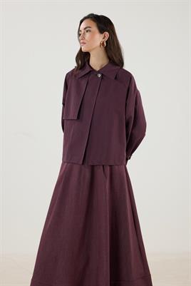 Kemerli Cepli Kısa Trençkot Mürdüm