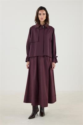 Kemerli Cepli Kısa Trençkot Mürdüm