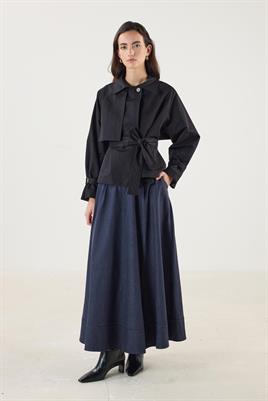 Kemerli Cepli Kısa Trençkot Siyah