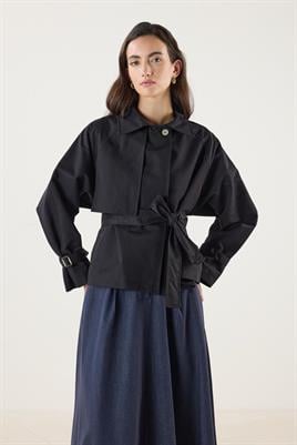 Kemerli Cepli Kısa Trençkot Siyah