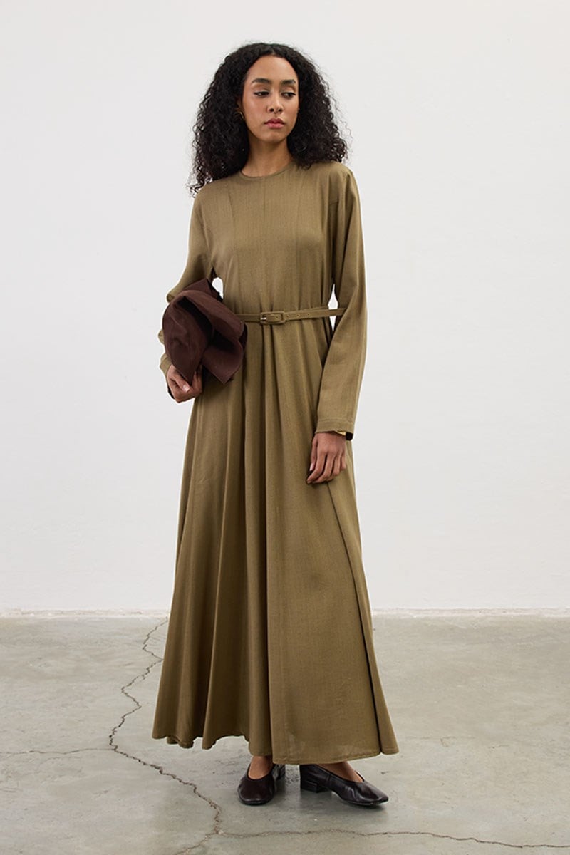 Kemerli Keten Elbise Haki