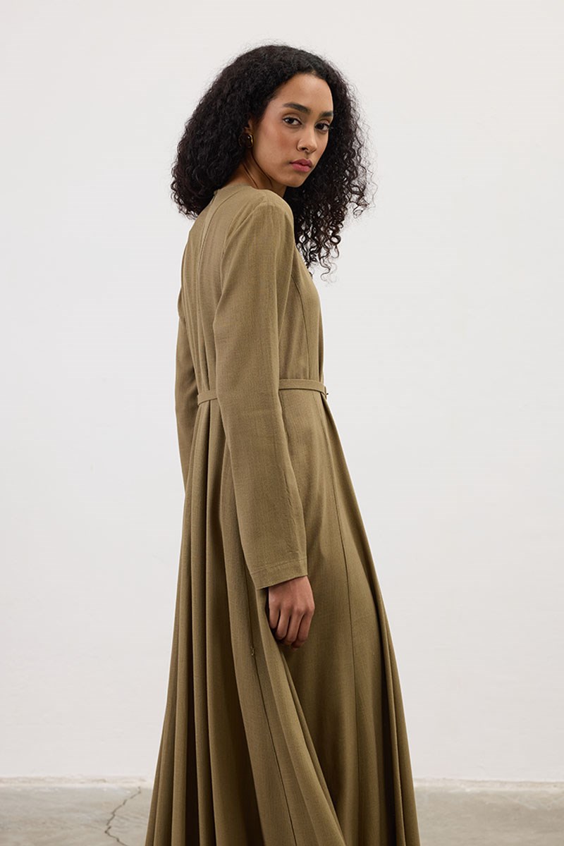 Kemerli Keten Elbise Haki
