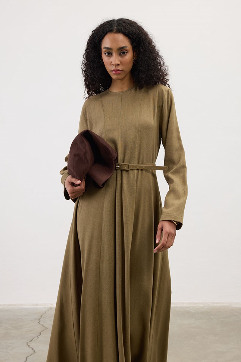 Kemerli Keten Elbise Haki