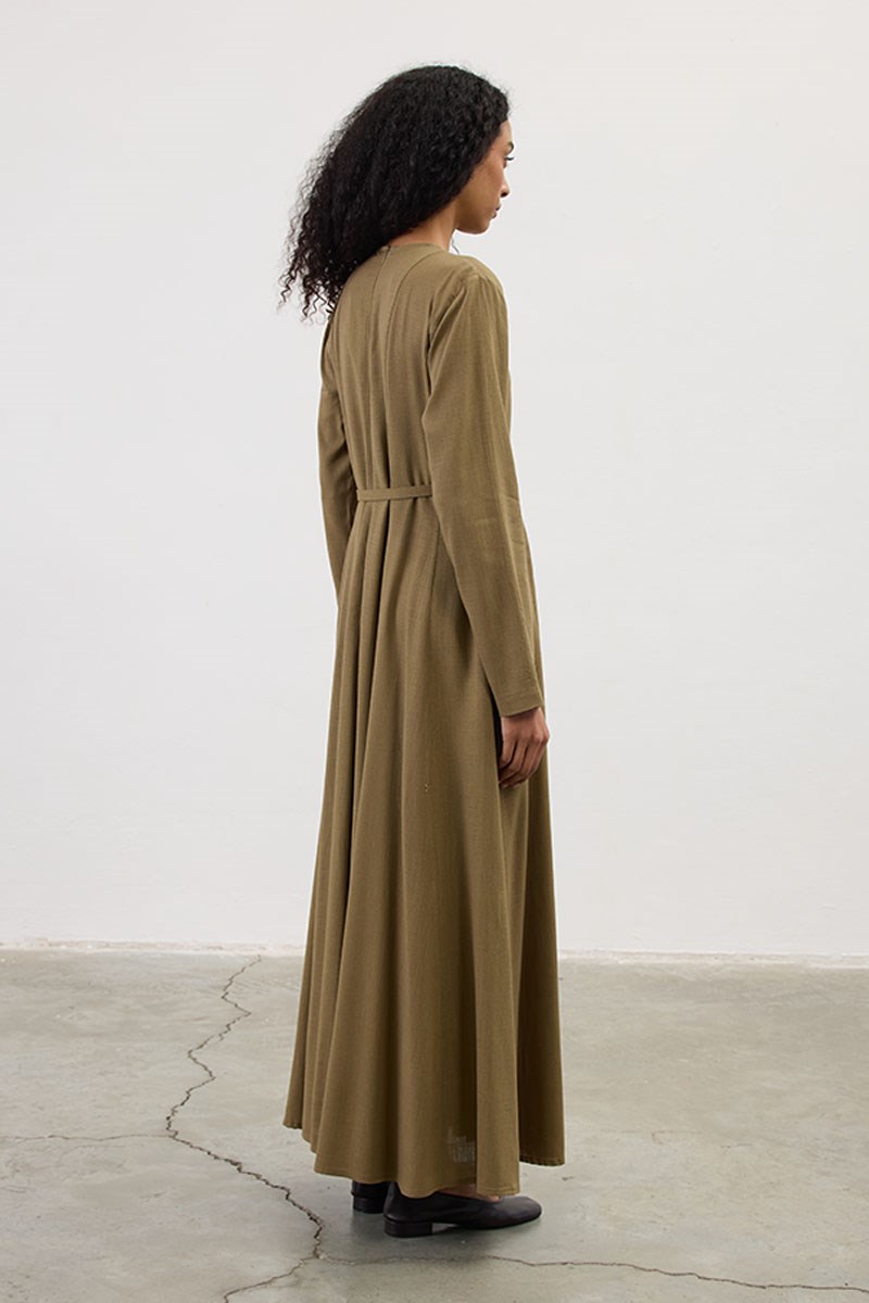 Kemerli Keten Elbise Haki