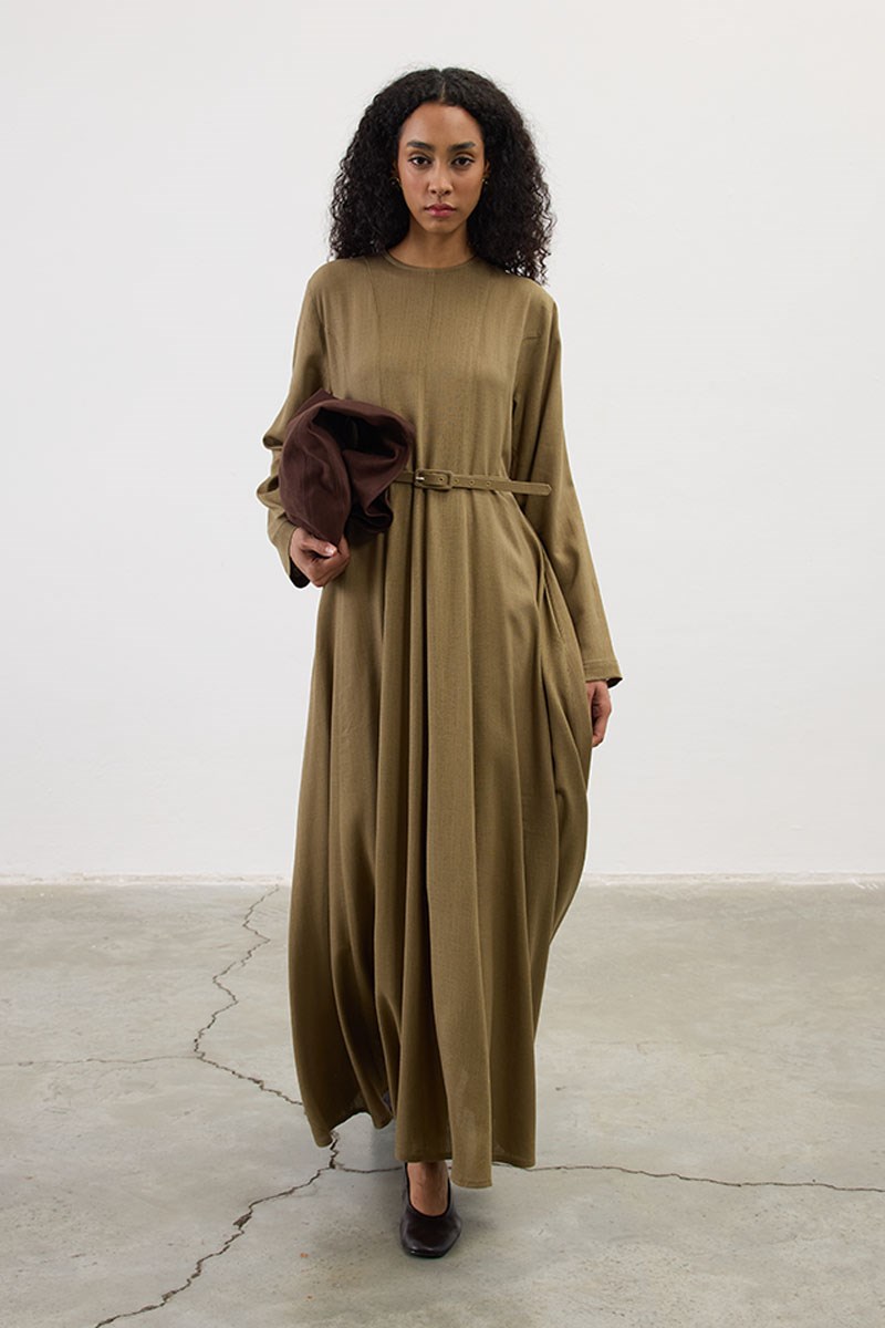 Kemerli Keten Elbise Haki