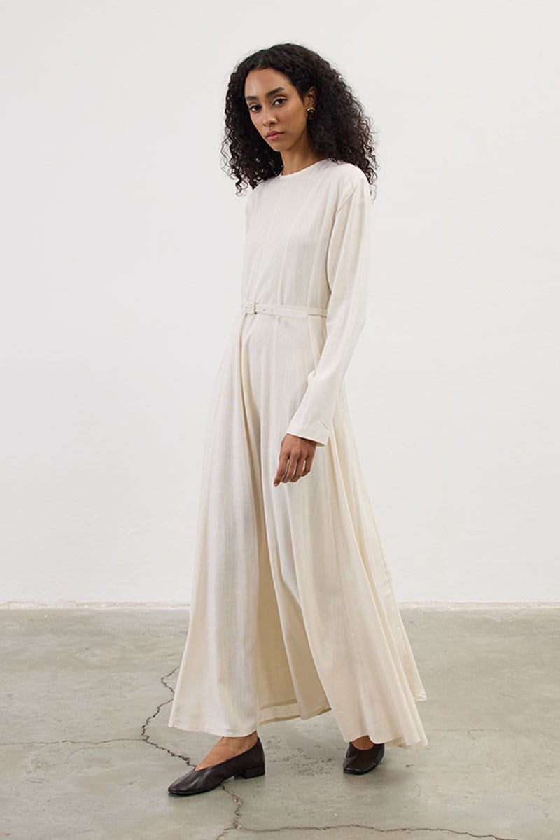 Kemerli Keten Elbise Krem