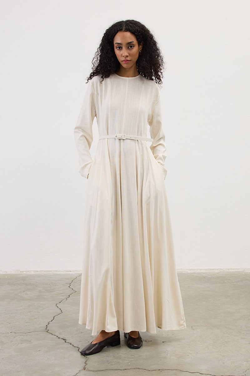 Kemerli Keten Elbise Krem