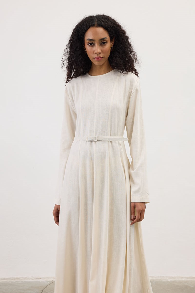 Kemerli Keten Elbise Krem