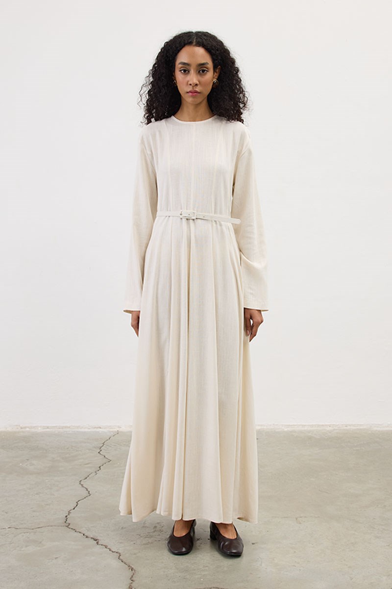 Kemerli Keten Elbise Krem