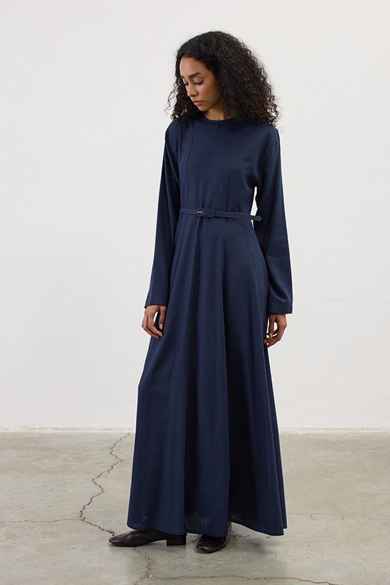Kemerli Keten Elbise Lacivert