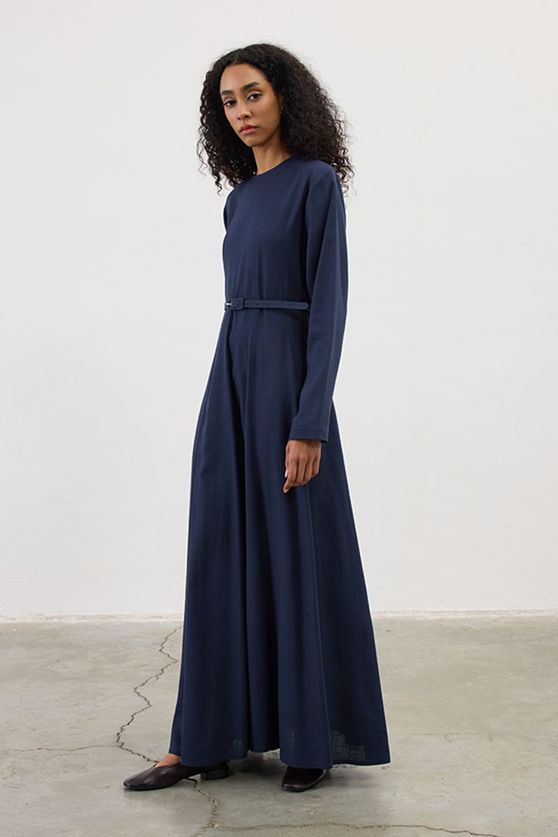 Kemerli Keten Elbise Lacivert