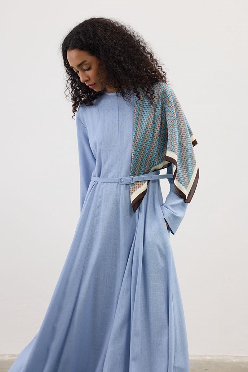 Kemerli Keten Elbise Mavi