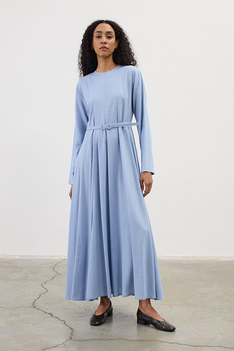 Kemerli Keten Elbise Mavi