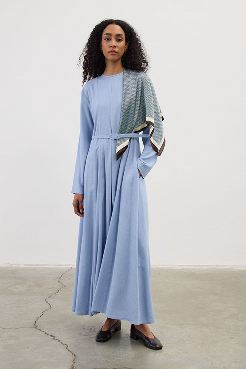 Kemerli Keten Elbise Mavi