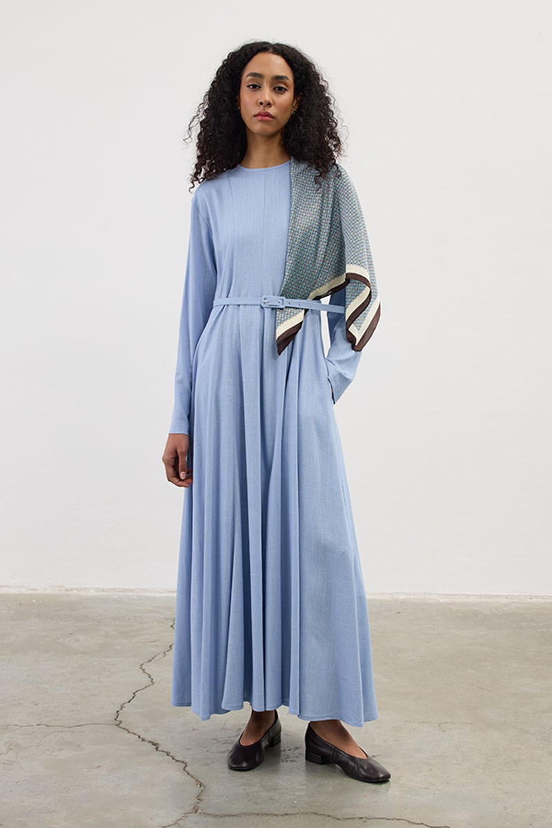 Kemerli Keten Elbise Mavi