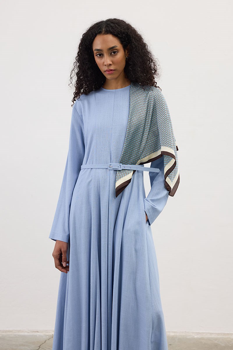 Kemerli Keten Elbise Mavi