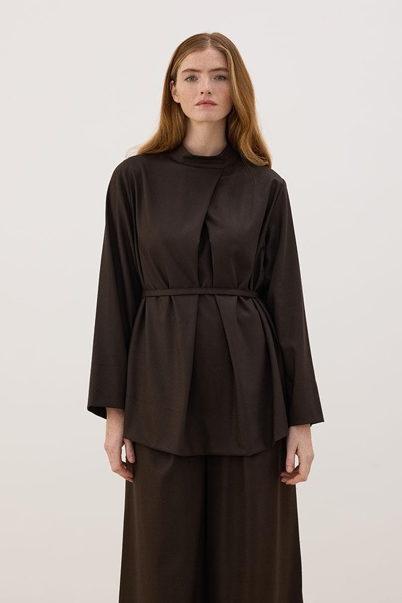 Kemerli Ön Pileli Bluz Acı kahve