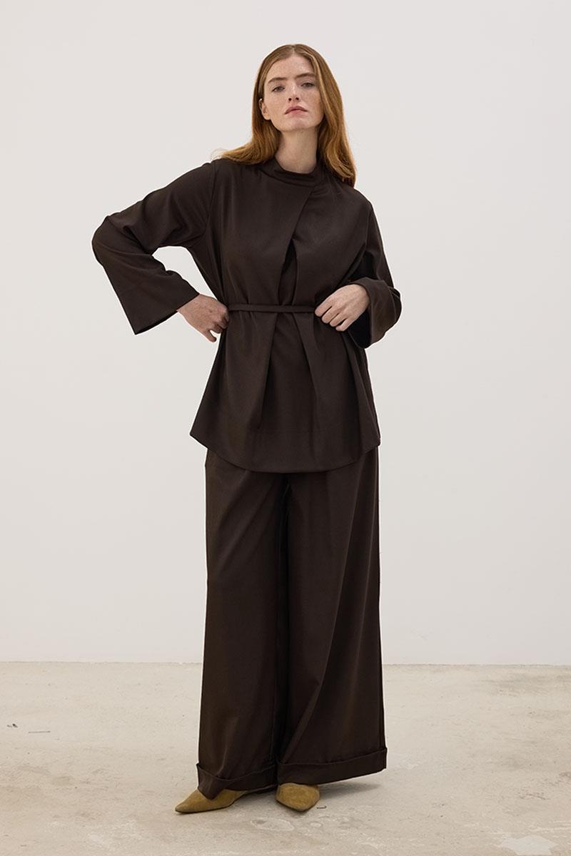 Kemerli Ön Pileli Bluz Acı kahve