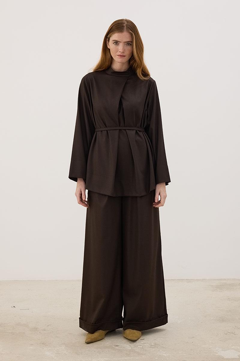 Kemerli Ön Pileli Bluz Acı kahve