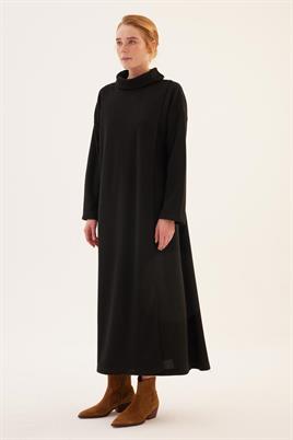 Kemerli Önü Çift Katlı Elbise Siyah