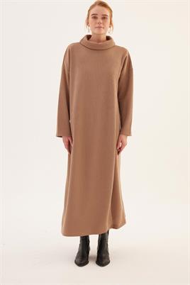 Kemerli Önü Çift Katlı Elbise Camel