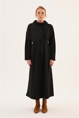 Kemerli Önü Çift Katlı Elbise Siyah