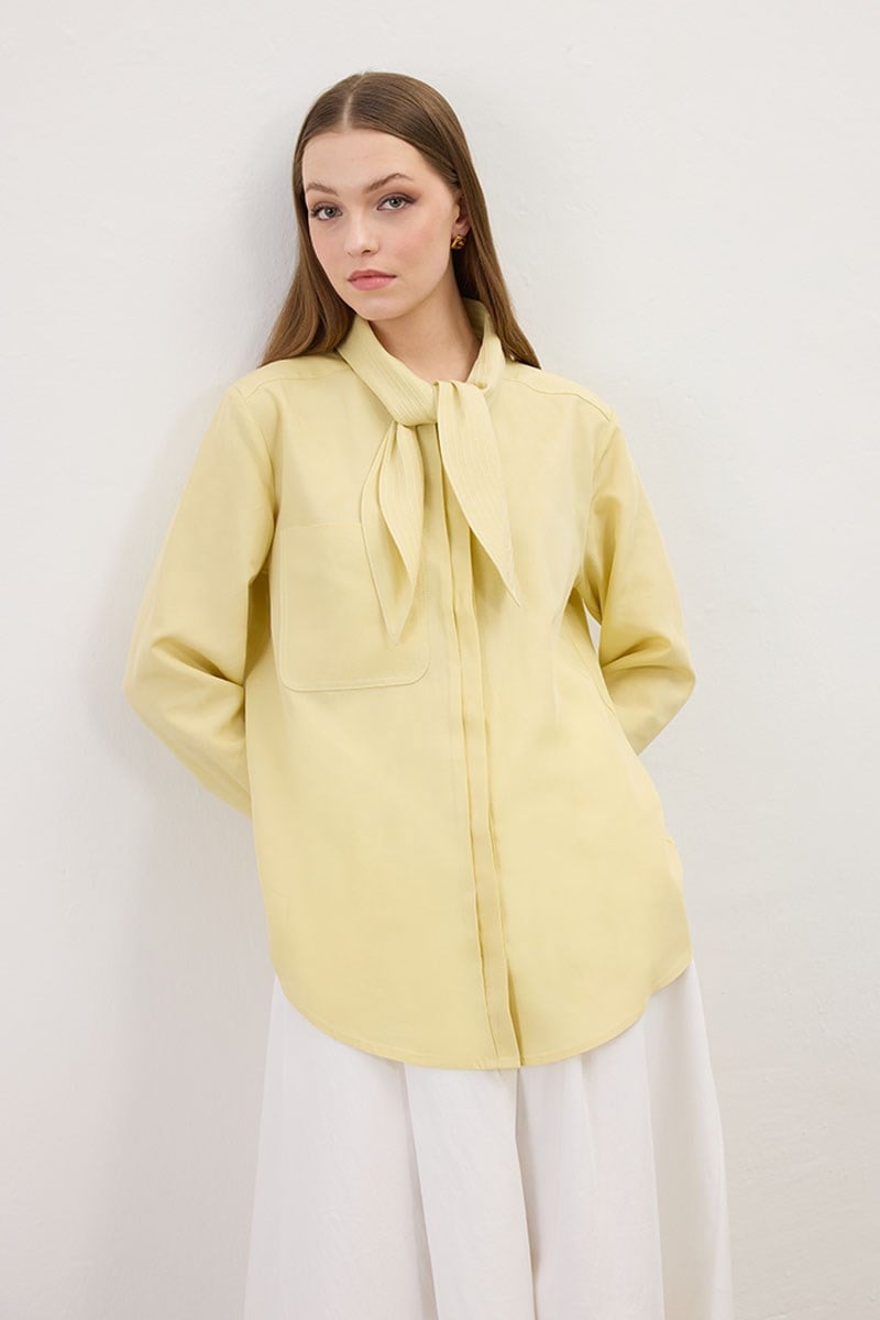 Kendinden Fularlı Gömlek Soft Sarı