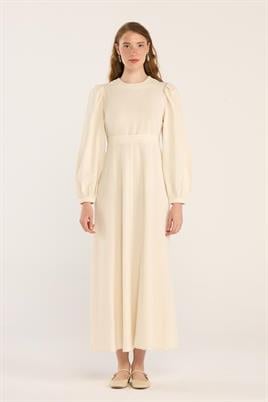 Keten Dokulu Parçalı Elbise Krem
