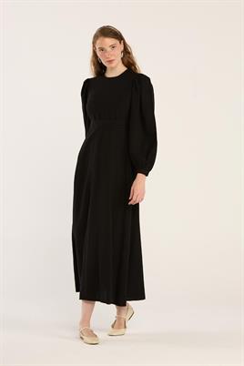 Keten Dokulu Parçalı Elbise Siyah