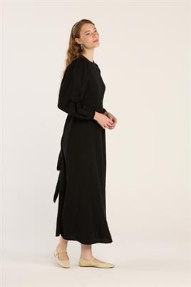 Keten Dokulu Parçalı Elbise Siyah