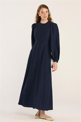 Keten Dokulu Parçalı Elbise Lacivert