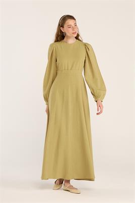 Keten Dokulu Parçalı Elbise Yağ Yeşili